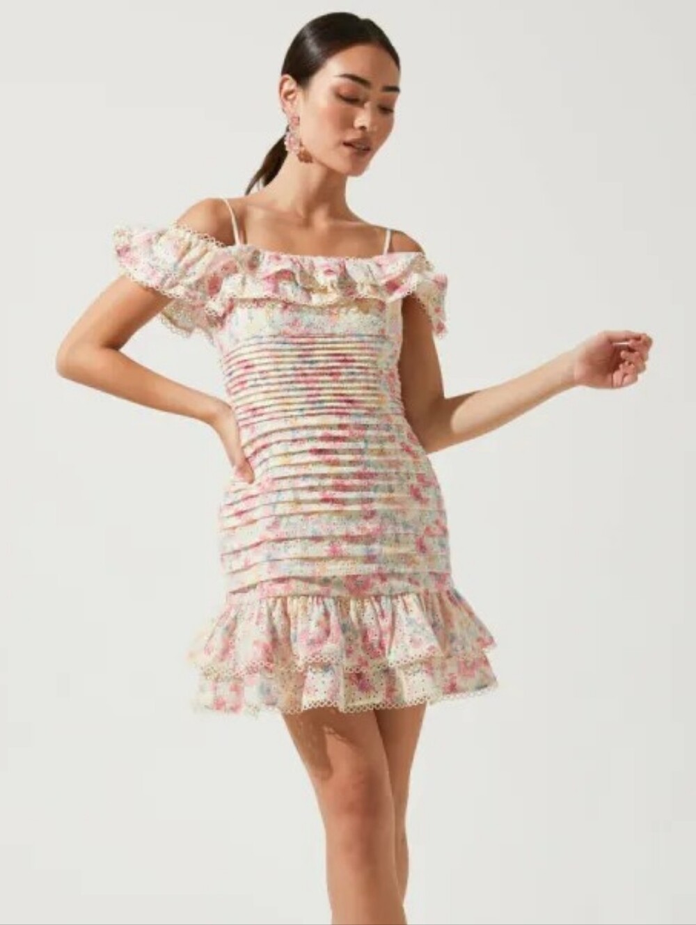 ASTR the Label Una floral ruffle mini dress off-shoulder NEW Size Large NWOT